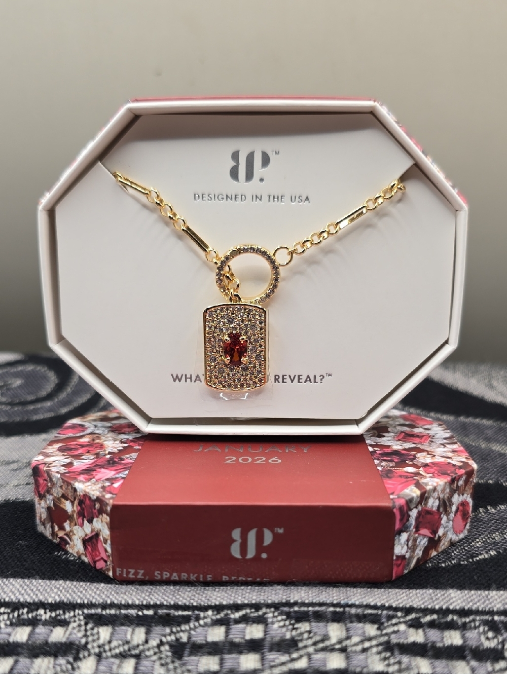Bomb Party Necklace "Open Secret" Garnet Cubic Zirconia Gold Plating Tag NK53606